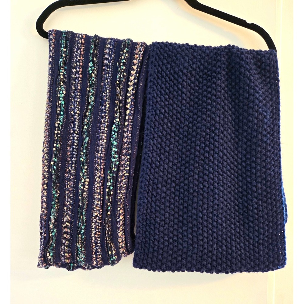 Lot of 2 Womens Navy/Silver Striped Knit Infinity Scarves w/ Glitter Accents